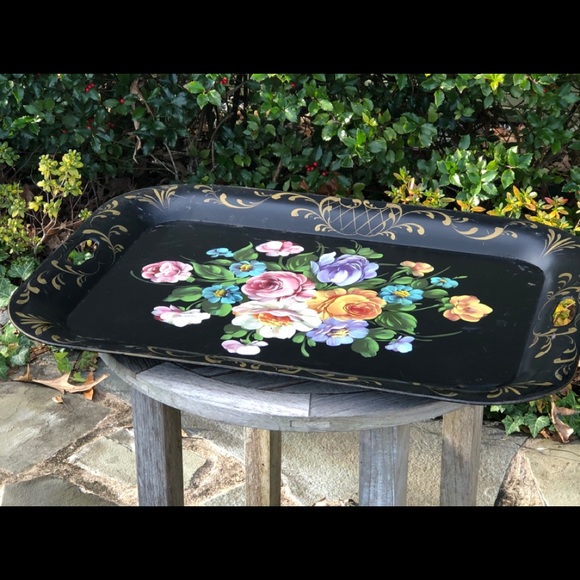 Vintage large painted tole metal tray - Picture 7 of 13